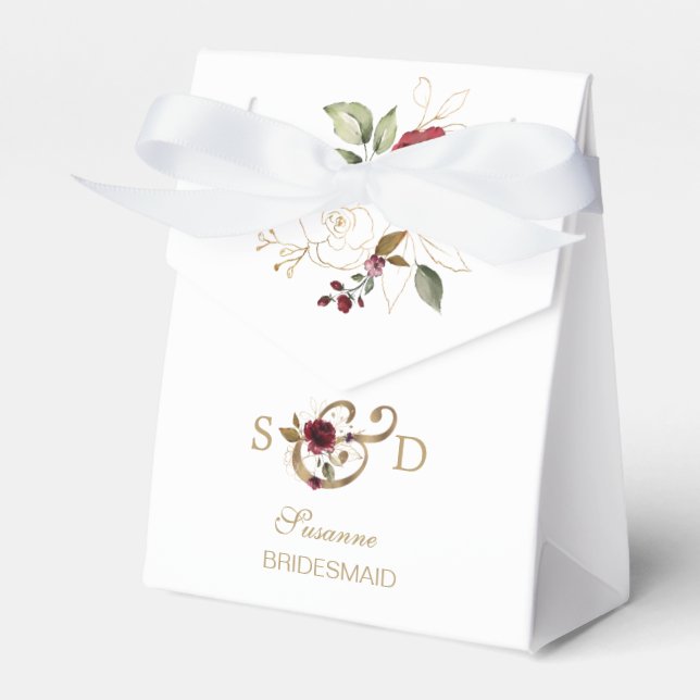 Whimsical Burgundy Gold Flowers Monogram Wedding Favor Boxes (Front Side)