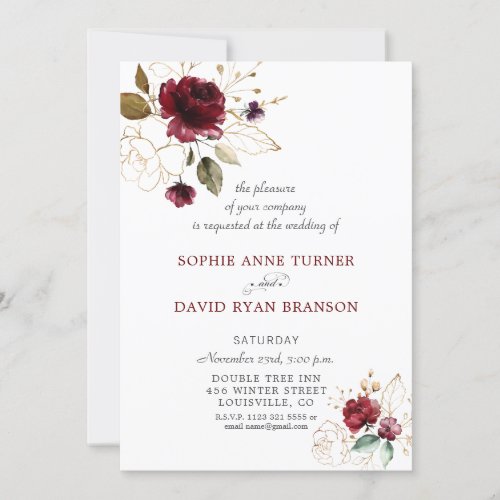 Whimsical Burgundy Gold Flowers Monogram Wedding Invitation