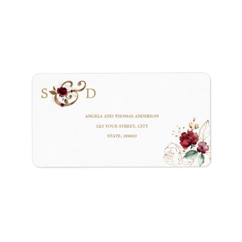 Whimsical Burgundy Gold Flowers Monogram Wedding Label