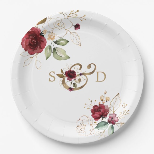 Whimsical Burgundy Gold Flowers Monogram Wedding Paper Plates (Front)