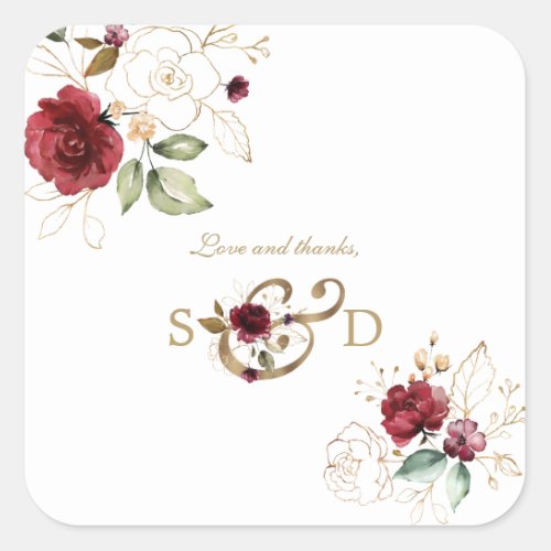 Whimsical Burgundy Gold Flowers Monogram Wedding Square Sticker