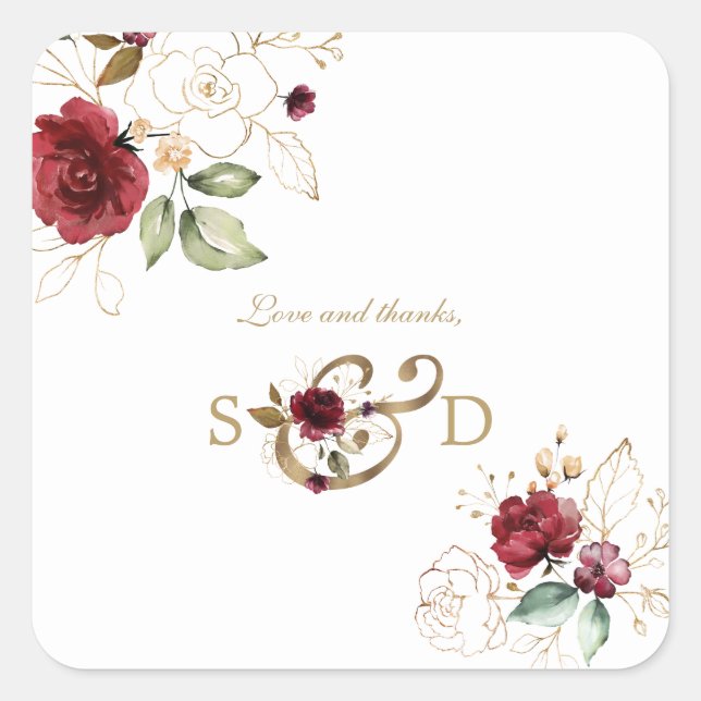 Whimsical Burgundy Gold Flowers Monogram Wedding Square Sticker (Front)
