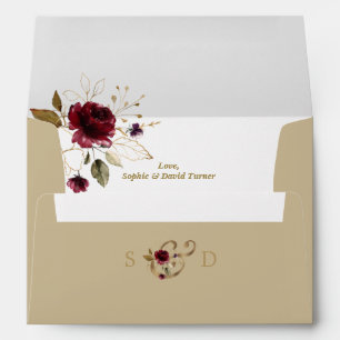 Whimsical Burgundy Gold Flowers Return Address Envelope