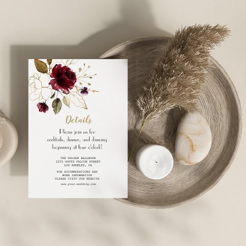 Whimsical Burgundy Gold Flowers Wedding Details Enclosure Card