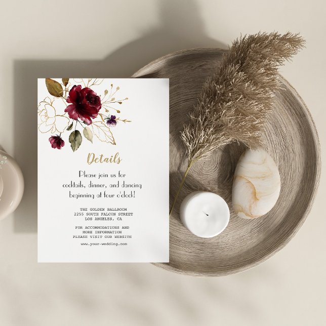 Whimsical Burgundy Gold Flowers Wedding Details Enclosure Card (Creator Uploaded)