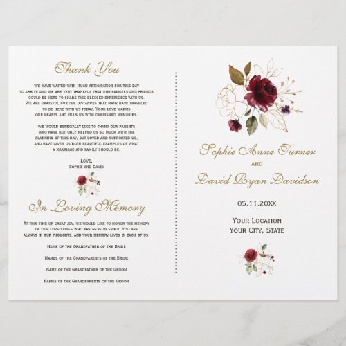 Whimsical Burgundy Gold Flowers Wedding Program