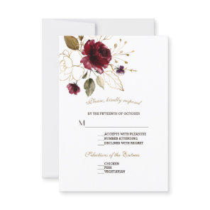 Whimsical Burgundy Gold Flowers Wedding RSVP Card