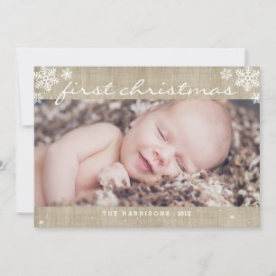 Whimsical Burlap Rustic First Christmas Photo Card