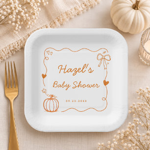 Whimsical Burnt Orange Pumpkin Doodle Baby Shower Paper Plates
