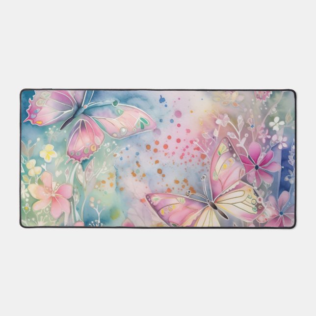 Whimsical Butterflies and Flowers Desk Mat (Front)