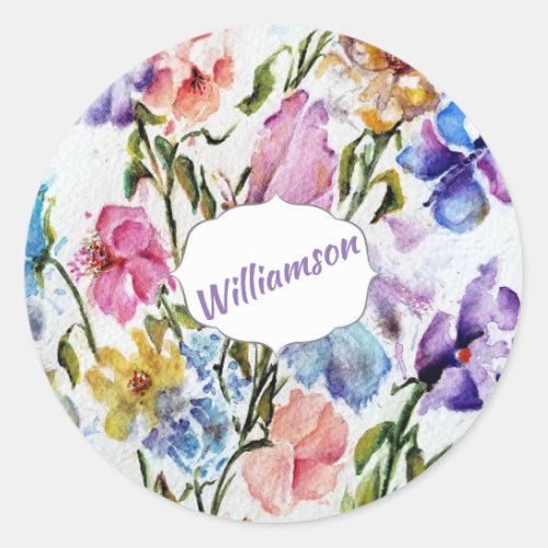 WHIMSICAL BUTTERFLIES AND FLOWERS PATTERN CLASSIC ROUND STICKER