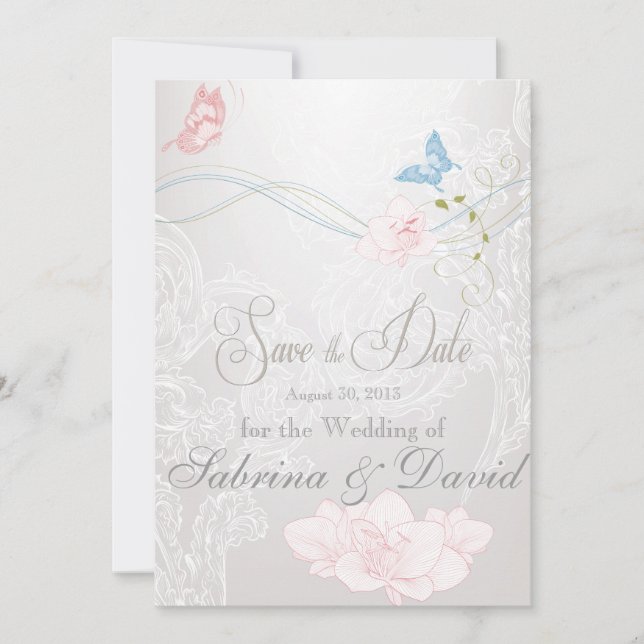 Whimsical Butterflies and Lace Save the Date (Front)