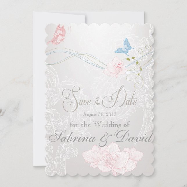 Whimsical Butterflies and Lace Save the Date (Front)