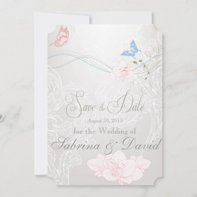 Whimsical Butterflies and Lace Save the Date (Front)