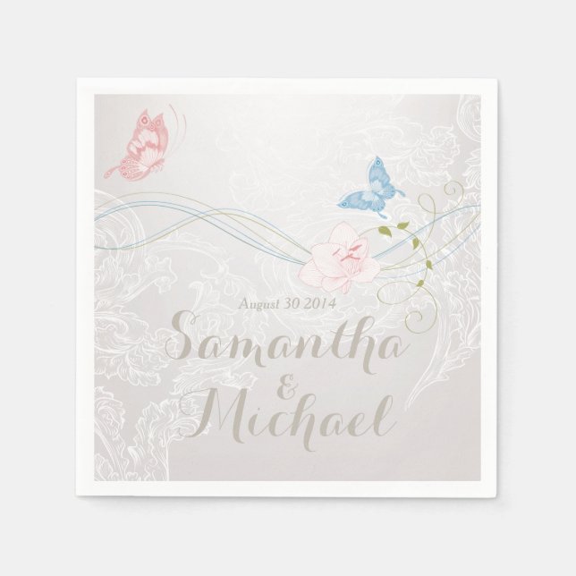 Whimsical Butterflies and Lace Wedding Napkins (Front)