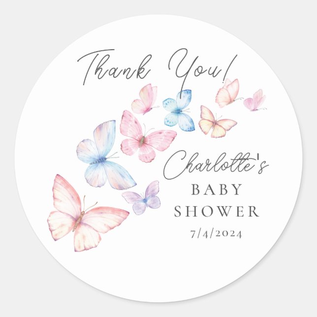 Whimsical Butterflies Baby Shower Classic Round Sticker (Front)