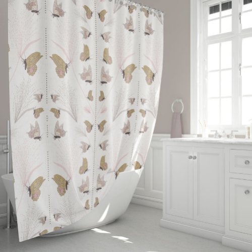 Whimsical Butterflies Gold and Pink  Shower Curtain