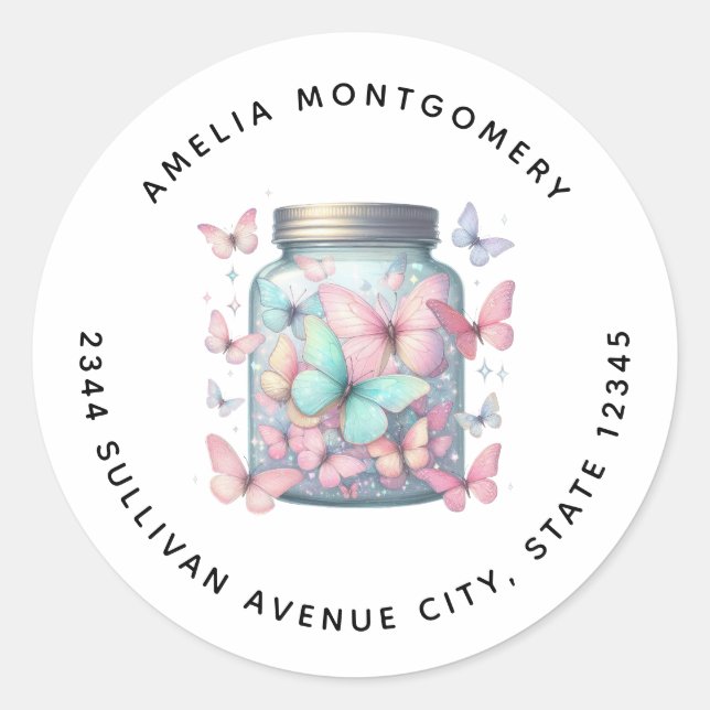 Whimsical Butterflies in a Jar - Address Classic Round Sticker (Front)