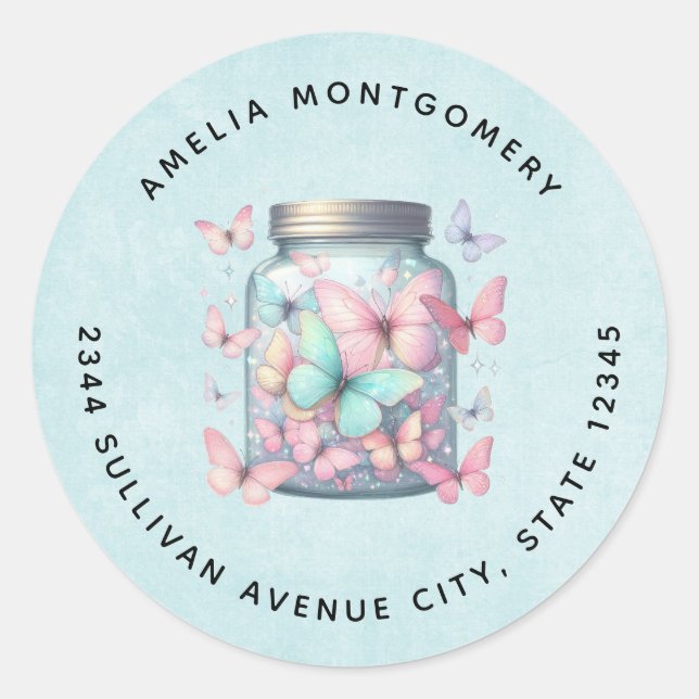 Whimsical Butterflies in a Jar - Address Classic Round Sticker (Front)