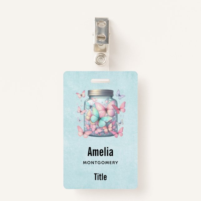 Whimsical Butterflies in a Jar Badge (Front with Clip)