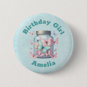 Whimsical Butterflies in a Jar Birthday Girl Button