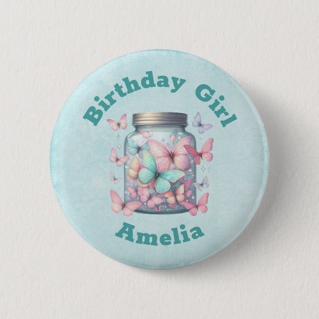 Whimsical Butterflies in a Jar Birthday Girl Button (Front)