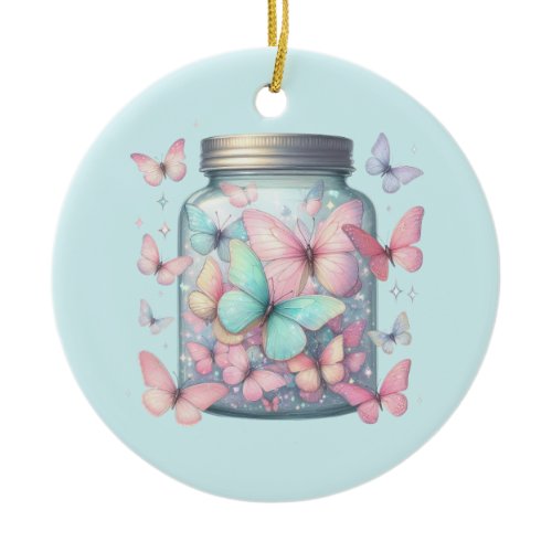 Whimsical Butterflies in a Jar Ceramic Ornament