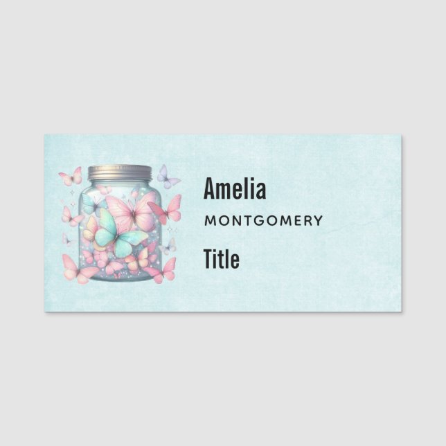 Whimsical Butterflies in a Jar Name Tag (Front)