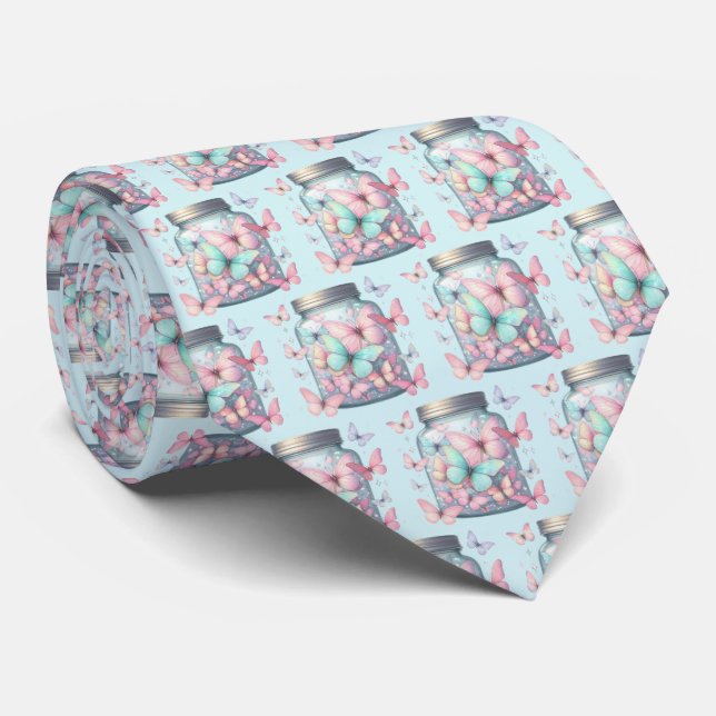 Whimsical Butterflies in a Jar Pattern Neck Tie (Rolled)