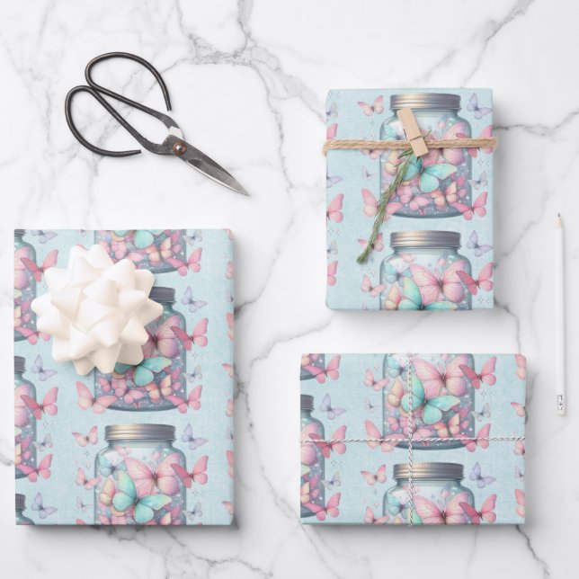  Whimsical Butterflies in a Jar Pattern Wrapping Paper Sheets (Front)