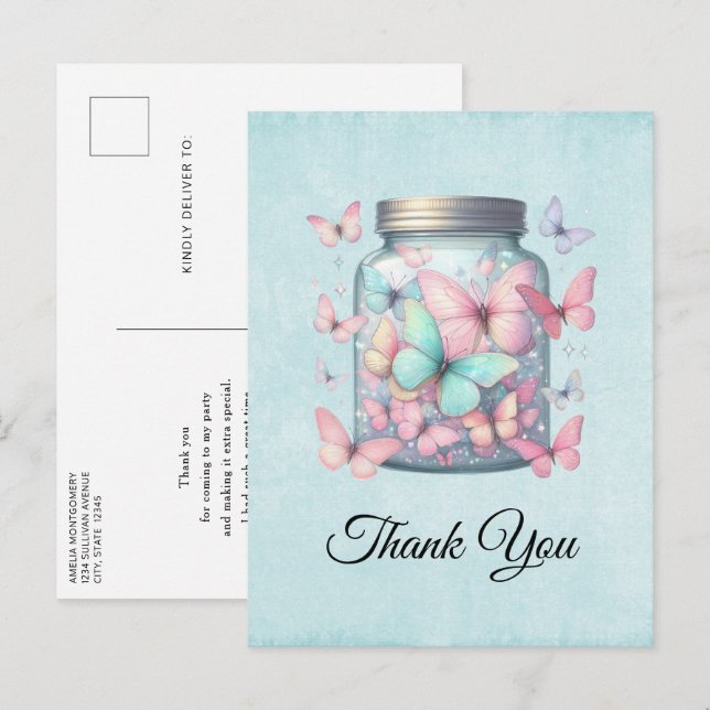 Whimsical Butterflies in a Jar Thank You Postcard (Front/Back)
