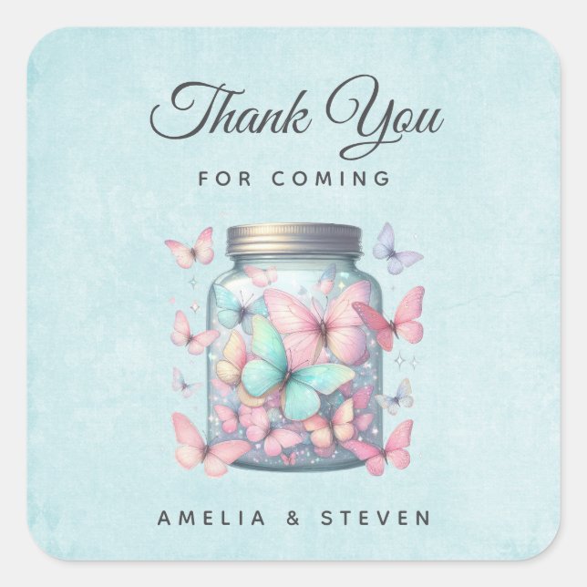 Whimsical Butterflies in a Jar Wedding Thank You Square Sticker (Front)