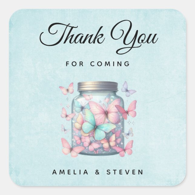 Whimsical Butterflies in a Jar Wedding Thank You Square Sticker (Front)