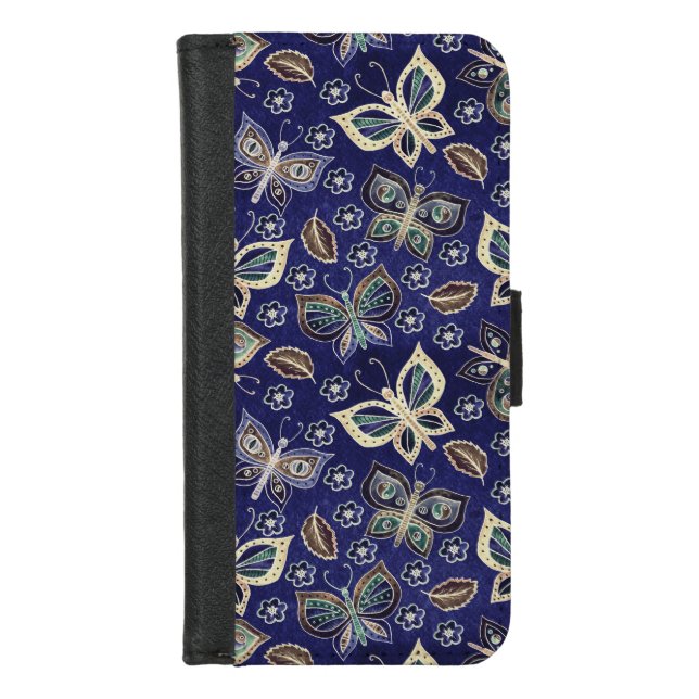 Whimsical Butterflies on Navy Blue Background  iPhone Wallet Case (Front)