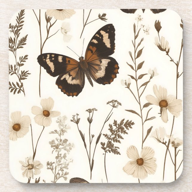  Whimsical Butterfly and Flower Pattern Beverage Coaster (Front)