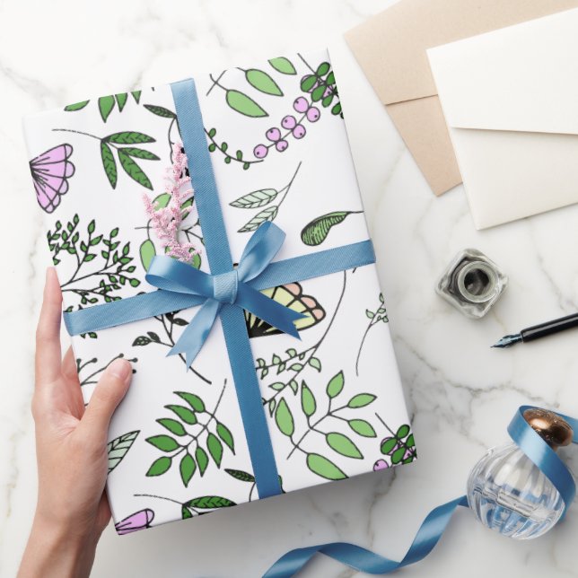 Whimsical Butterfly and Forest Leaves Wrapping Paper (Gifting)