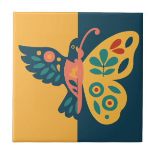 Whimsical butterfly and hummingbird Design Ceramic Tile