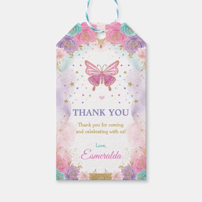 Whimsical Butterfly Fairy Floral Garden Birthday Gift Tags (Front)