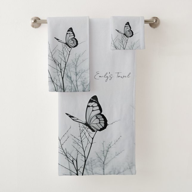 Whimsical Butterfly Family Name Personalized  Bath Towel Set (Insitu)