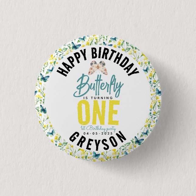 Whimsical Butterfly Floral 1st Birthday Button (Front)