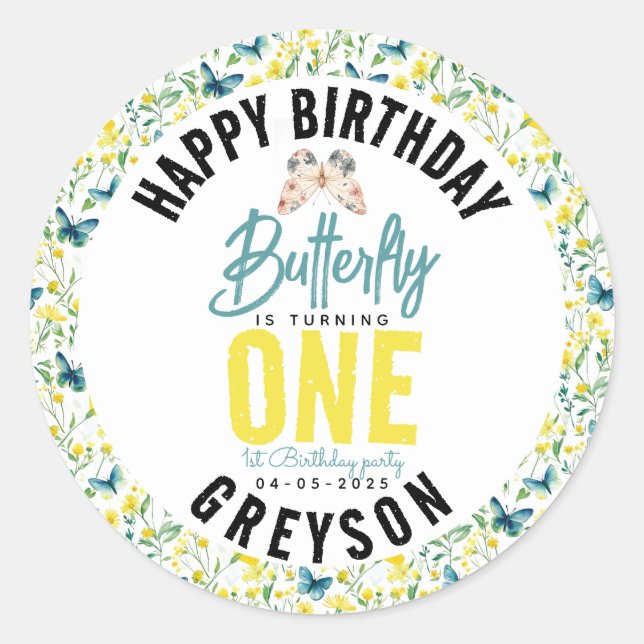 Whimsical Butterfly Floral 1st Birthday Classic Round Sticker (Front)