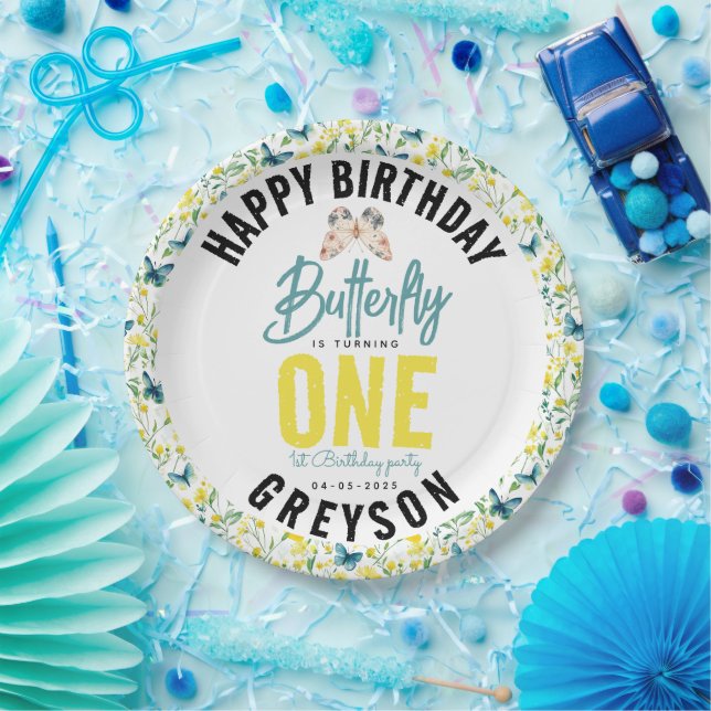 Whimsical Butterfly Floral 1st Birthday Paper Plates (Party)