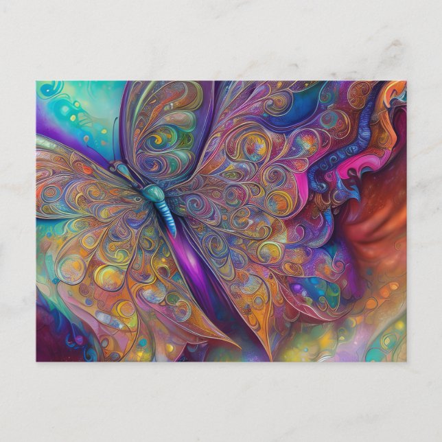 Whimsical Butterfly Fractal Watercolor Digital Pai Postcard (Front)