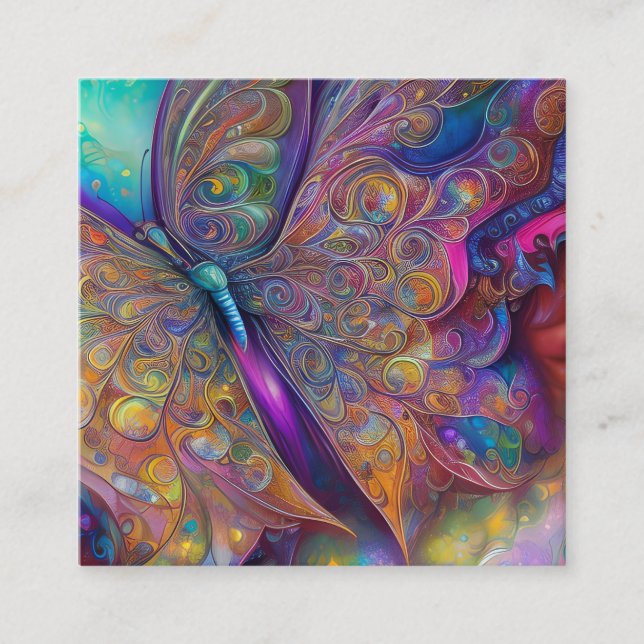 Whimsical Butterfly Fractal Watercolor Digital Pai Square Business Card (Front)