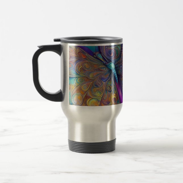 Whimsical Butterfly Fractal Watercolor Digital Pai Travel Mug (Left)