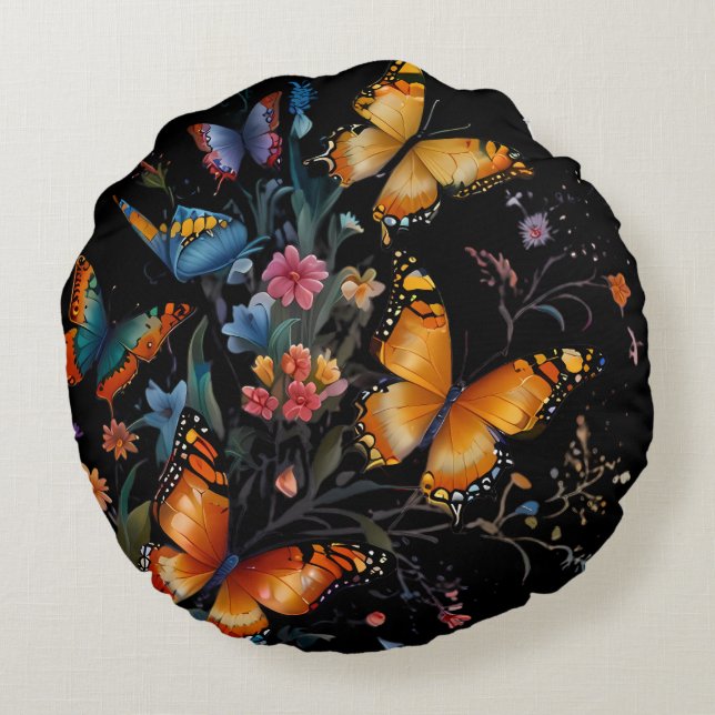 Whimsical Butterfly Garden Round Pillow (Back)