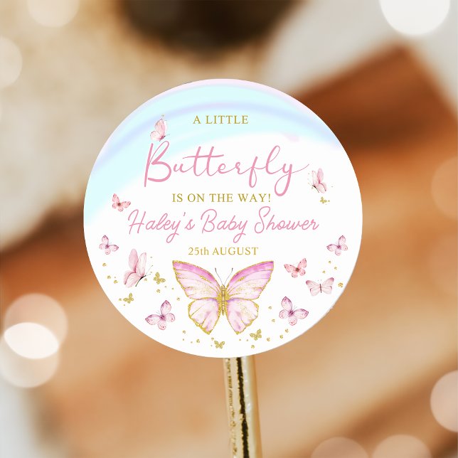 Whimsical Butterfly Girls Pink Baby Shower Sticker (Creator Uploaded)