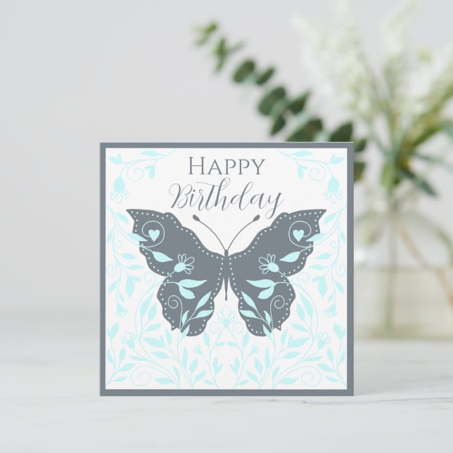 Whimsical Butterfly Happy Birthday Note Card (Standing Front)