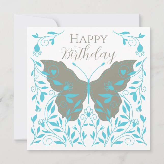 Whimsical Butterfly Happy Birthday Note Card (Front)