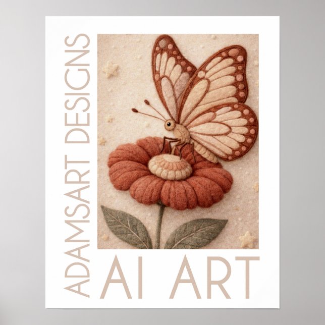 Whimsical Butterfly on Flower Vintage Felt Art Poster (Front)